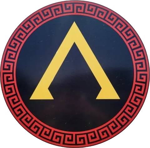 Circular emblem with a yellow Greek letter Lambda on black background.